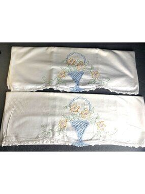 Embroidered Pillowcases Set Floral Basket Design White Cotton Lace Trim 30x20" V
